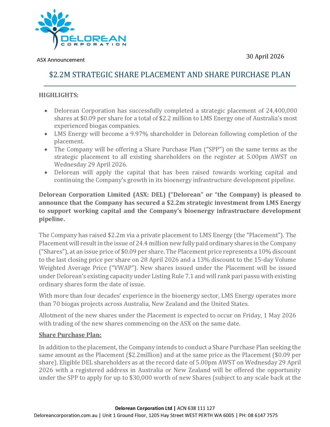 $2.2M Strategic Share Placement & Share Purchase Plan